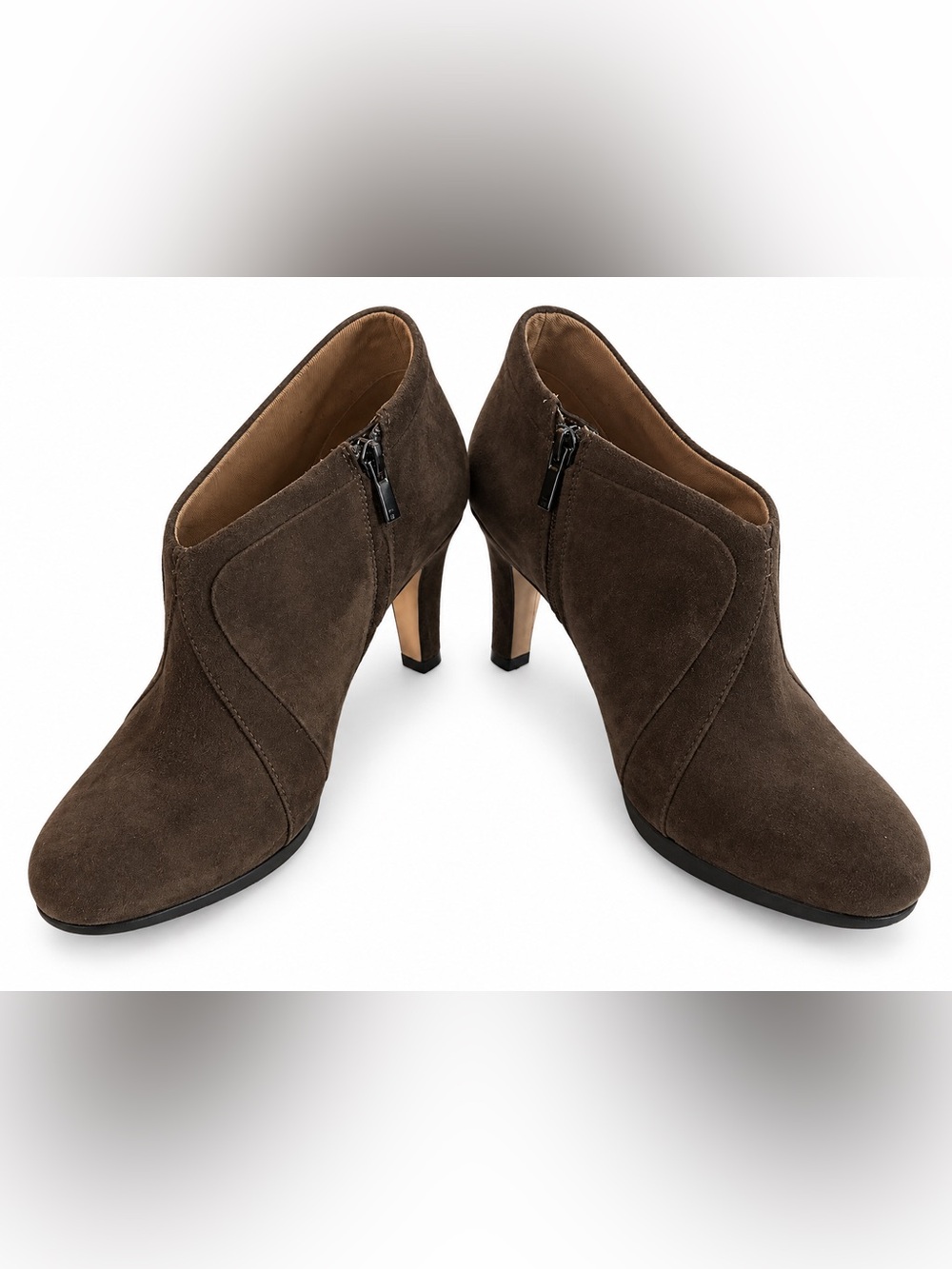 Women's Brown Grey Suede High-Heel Ankle Booties by Clark Artisan